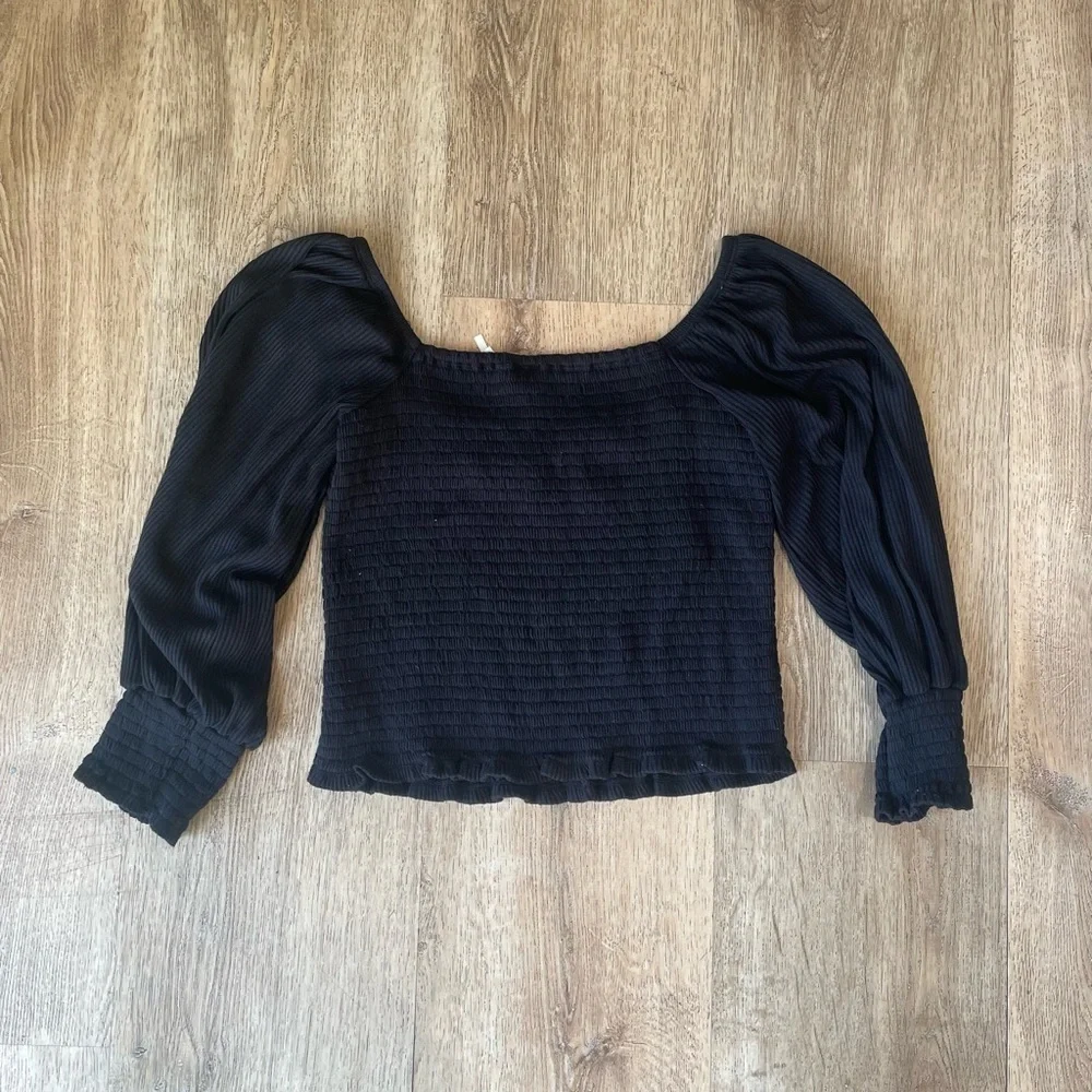 Anthropologie Smocked Square Neck Puff Sleeve Top Black Textured Size Small